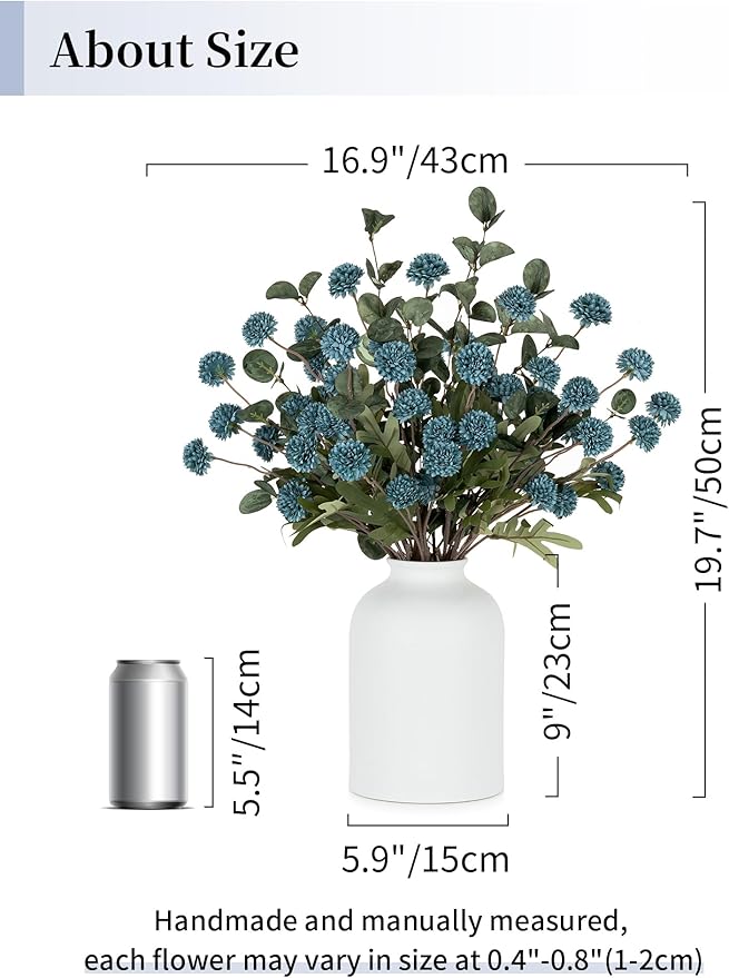 BLOSMON Blue Artificial Flowers for Decoration: Ceramic Vase with 12 Stems of Dusty Blue Flowers Fake Mums Kiku Eucalyptuses for Home Table Centerpieces - Faux Pom Poms Floral Arrangement Dining Room