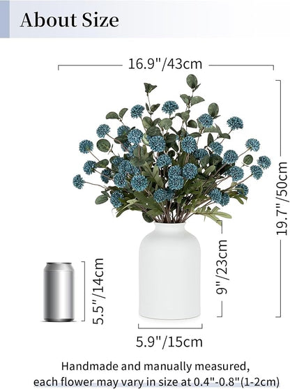 BLOSMON Blue Artificial Flowers for Decoration: Ceramic Vase with 12 Stems of Dusty Blue Flowers Fake Mums Kiku Eucalyptuses for Home Table Centerpieces - Faux Pom Poms Floral Arrangement Dining Room