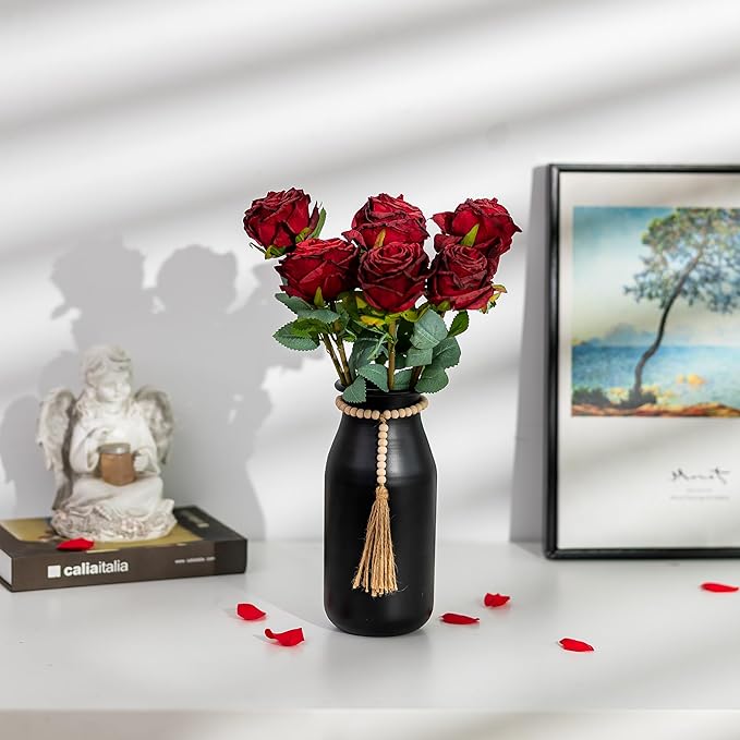 Sziqiqi Black Decorative Flower Vase - 9in Boho Vase with Bead Strings for Pampas Grass Vintage Metal Vases for Table Home Decor Matte Cylinder Vase for Artificial Flowers Rose Twigs