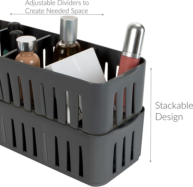 Simplify 4 Compartment Stackable Bin with Adjustable Dividers | Drawer Organizer | Storage Basket | Good for Office | Desk Supplies | Dorm |Bathroom | Accessories | Make Up | Grey