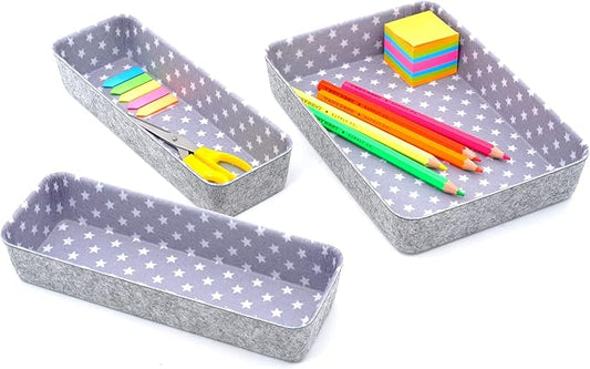 Welaxy Desk Drawer Organizer Bins with Modern Pattern Home Office Storage Bin Sturdy Small Sharrow Cozy Cubby Organize Box Gifts idea 3-Piece (Star)