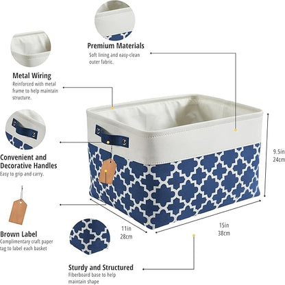 DECOMOMO Blue Storage Bins Fabric Storage Baskets for Shelves, Linen Closet Organization Toys Nursery (Blue Patterns, Large - 3 Pack)