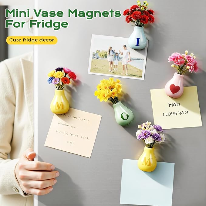 5 Pcs Mini Fridge Magnets, Cute Mini Ceramic Vase with Artificial Flowers, Tiny Pots Plant Vase for Kitchen Refrigerator Office Locker Decor, for Mom