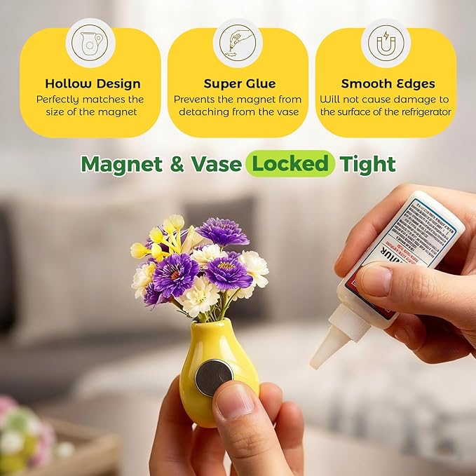 5 Pcs Mini Fridge Magnets, Cute Mini Ceramic Vase with Artificial Flowers, Tiny Pots Plant Vase for Kitchen Refrigerator Office Locker Decor, for Mom