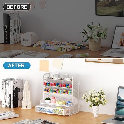 Marbrasse Larger Mesh Desk Organizer with Drawer, Multi-Functional Pen Pencil Holder, Easy Assembly, Desk Organizers and Accessories for Office Art Supplies (White)