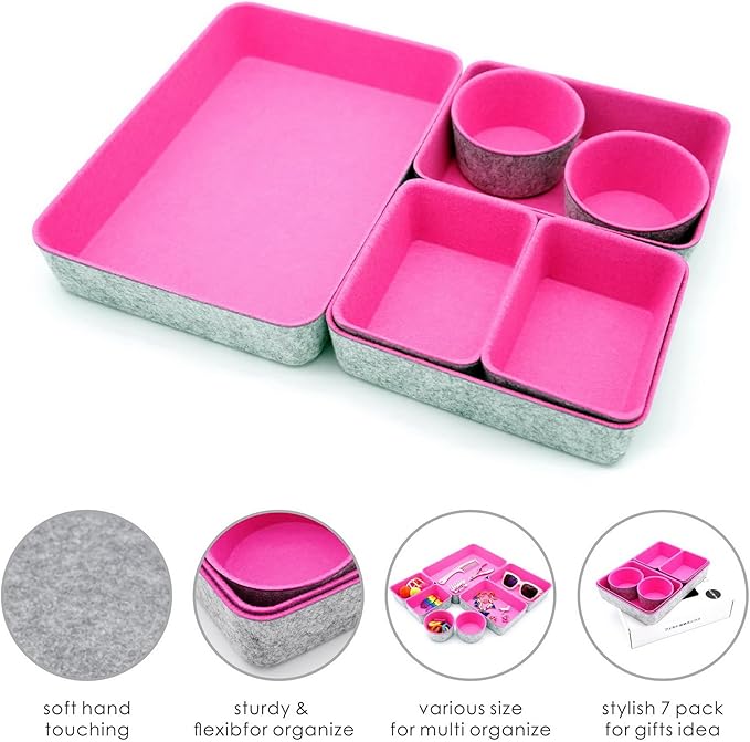Welaxy Drawer organizers bins felt trays desk storage dividers small round organizing box for office supplies closet cabinet makeup holder 7-piece (Hot pink)