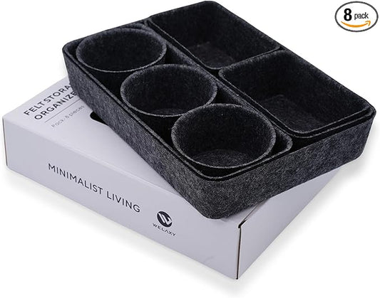 Welaxy office desk drawer organizer tray felt Storage Bin for pens Jewelry makeup decluttering sleek minimalist living 8-piece(Carbon)