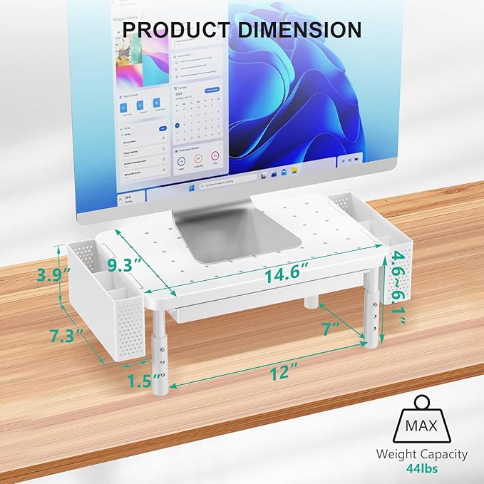 WALI Computer Monitor Stand with Storage, Desk Organizer with Drawer and Pen Holder, Desk Monitor Riser 3 Height Adjustable, Laptop Riser for Computer, Laptop, Printer(PTT003-W), 1 Pack, White