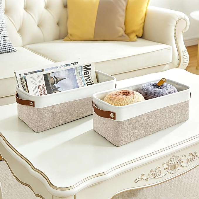 Small Fabric Storage Baskets, 15x6x5 inch Narrow Storage Bins 4-Pack Long Storage Basket for Organizing with Handles, Decorative Basket for Closets, Shelves, Toilet Paper, Beige