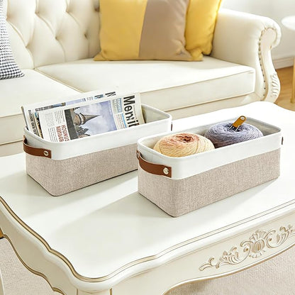 Small Fabric Storage Baskets, 15x6x5 inch Narrow Storage Bins 4-Pack Long Storage Basket for Organizing with Handles, Decorative Basket for Closets, Shelves, Toilet Paper, Beige