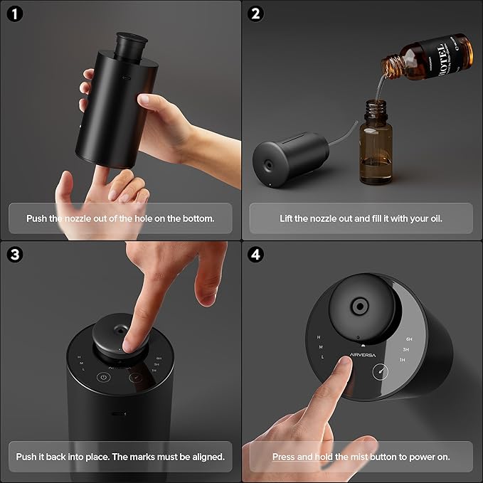 Waterless Essential Oil Diffuser for Home Aromatherapy Scent Diffusers with 3 Countdown Timer Settings or Timer-Off, 3 Mist Levels for Car Room Studio Office, Premium Metal Black and Gold 2 Pack