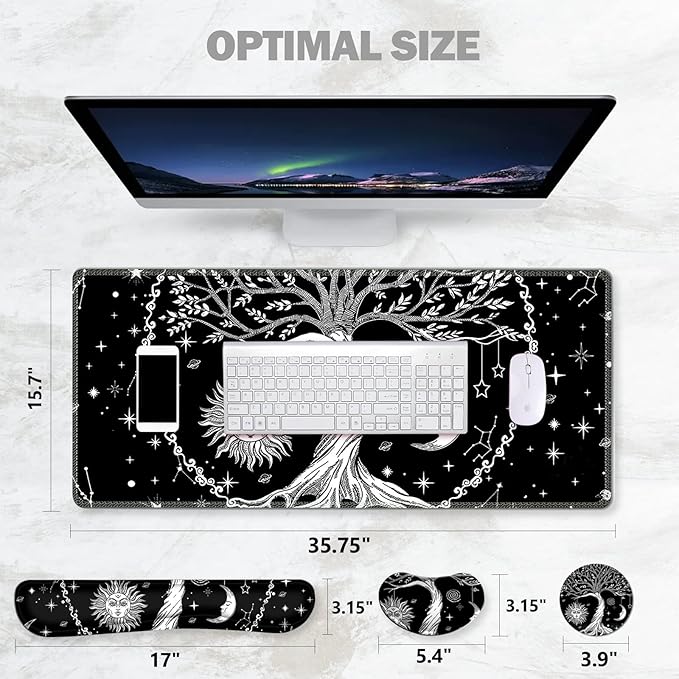 ToLuLu Extended Gaming Mouse Pad, Memory Foam Ergonomic Keyboard Mouse Wrist Rest Support Set, Large Desk Mat with Stitched Edges, Non-Slip Base Mousepad for Home Office Game and Study, Moon & Sun