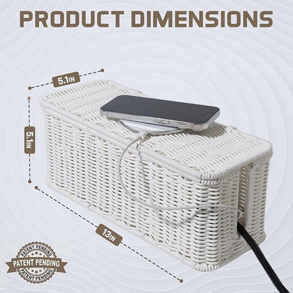 Cable Management Box, Handmade Rattan Cable Organizer with 2 Open Slots, Cord Hider for Power Strip, Router & USB Hub, Registered U.S. Design Patent (D1,112,102), 13" x 5.1" x 5.1", White