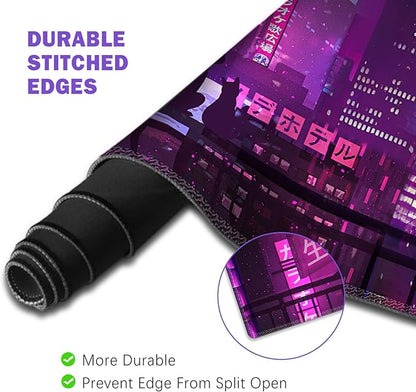 ToLuLu Extended Gaming Mouse Pad, Memory Foam Ergonomic Keyboard Mouse Wrist Rest Support Set, Large Desk Mat with Stitched Edges, Non-Slip Base Mousepad for Home Office, Neno City Anime Japanese