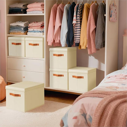 Storage Bins with Lids - Fabric Storage Baskets for Shelves, 4 Pack Foldable Decorative Boxes with Handles, Stackable Organizer Bins for Home, Nursery, Dorm, Beige