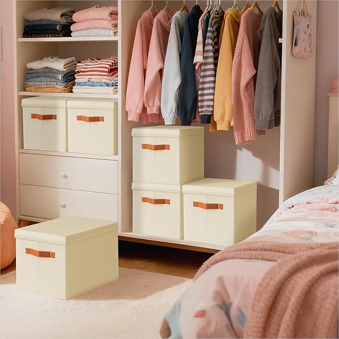 Storage Bins with Lids - Fabric Storage Baskets for Shelves, 6 Pack Foldable Decorative Boxes with Handles, Stackable Organizer Bins for Home, Nursery, Dorm, Beige