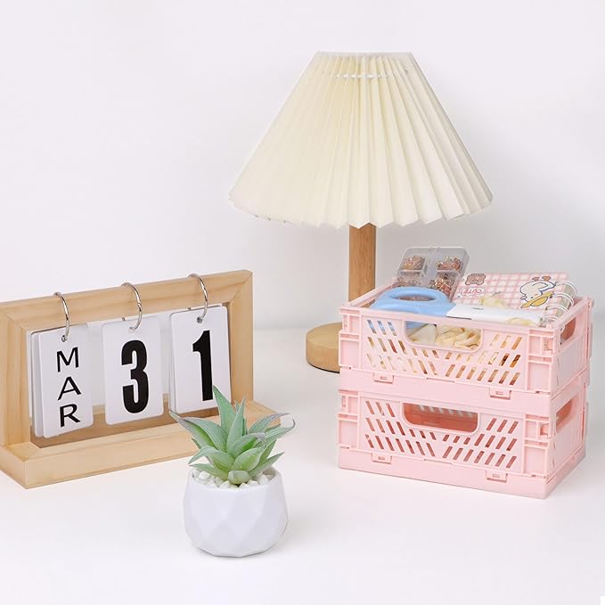 4-Pack Pink Baskets Plastic Storage Crate Small Baskets for Organizing Collapsible Storage Crates for Desk Organizers,Stackable Cute Storage Bins for Classroom,Office,Bathroom 5.9"x 3.9" x 2.3"