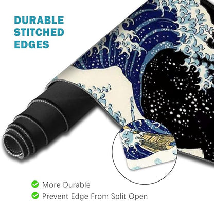 ToLuLu Extended Gaming Mouse Pad, Memory Foam Ergonomic Keyboard Mouse Wrist Rest Support Set, Large Desk Mat with Stitched Edges, Non-Slip Base Mousepad for Home Office Game Study, Wave of Kanagawa