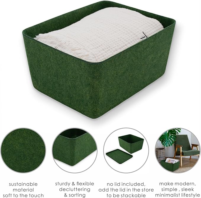 Welaxy Felt Storage Bin Deep Drawer Organizer for Makeup, Jewelry, Stationery, Closet & Bathroom, Minimalist living (Forest Green Bin, M)