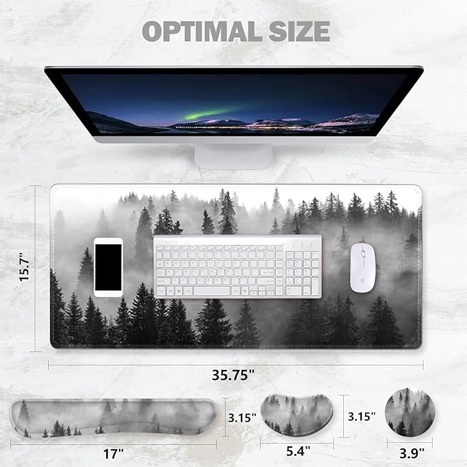 ToLuLu Extended Gaming Mouse Pad, Memory Foam Ergonomic Keyboard Mouse Wrist Rest Support Set, Large Desk Mat with Stitched Edges, Non-Slip Base Mousepad for Home Office Game Study, Tree Forests