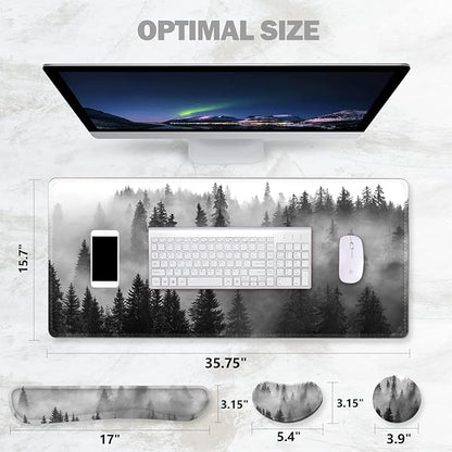 ToLuLu Extended Gaming Mouse Pad, Memory Foam Ergonomic Keyboard Mouse Wrist Rest Support Set, Large Desk Mat with Stitched Edges, Non-Slip Base Mousepad for Home Office Game Study, Tree Forests