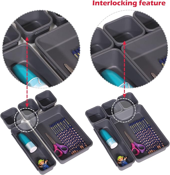 Set of 22 Interlocking Desk Drawer Organizer Tray Dividers Plastic Shallow Narrow Drawers Organizers Separators and Storage Bins Container for Kitchen Bathroom Makeup Office Vanity Bedroom Dresser