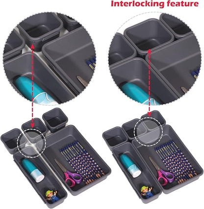 Set of 22 Interlocking Desk Drawer Organizer Tray Dividers Plastic Shallow Narrow Drawers Organizers Separators and Storage Bins Container for Kitchen Bathroom Makeup Office Vanity Bedroom Dresser