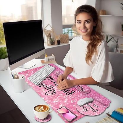 Pink Mouse Pad Set, Ergonomic Mouse Pad with Wrist Rest Keyboard Wrist Support, Large Desk Matt for Desktop, Gaming Mousepad Cup Coaster Set, Cute Pink Office Desk Accessories Decor Supplies