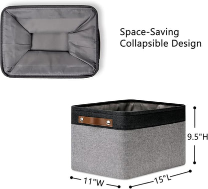 DULLEMELO Canvas Storage Bin with Handles, Fabric Bins for Shelves, Bedroom, Office,Nursery,Fabric Storage Baskets for Toys, Clothes,Gift(Black&Grey,15"x11"x9.5",4-Pack)