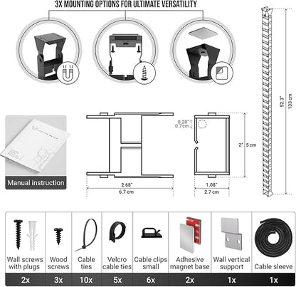 Under Desk Cable Management Vertebrae - Perfect for Sit Stand Desk - Wire Management - Adjustable Length - Flexible Cable Spine - Black, 133 cm