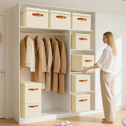 Storage Bins with Lids - Fabric Storage Baskets for Shelves, 6 Pack Foldable Decorative Boxes with Handles, Stackable Organizer Bins for Home, Nursery, Dorm, Beige