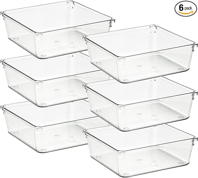 Ravinte 6 Pack Drawer Organizer - 6" X 6" Plastic Storage Bins, Acrylic Organizers with Non-Slip Pads Clear Desk Storage Tray for Makeup, Jewelries, Kitchen Utensils, Bathroom and Office