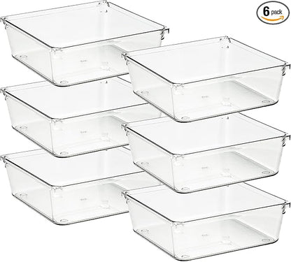 Ravinte 6 Pack Drawer Organizer - 6" X 6" Plastic Storage Bins, Acrylic Organizers with Non-Slip Pads Clear Desk Storage Tray for Makeup, Jewelries, Kitchen Utensils, Bathroom and Office