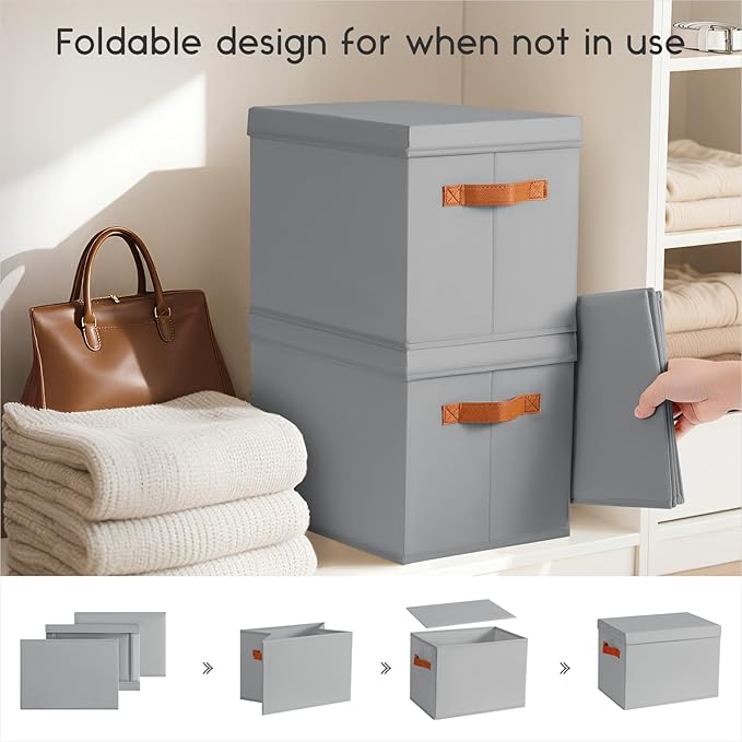 Storage Bins with Lids - Fabric Storage Baskets for Shelves, 6 Pack Foldable Decorative Boxes with Handles, Stackable Organizer Bins for Home, Nursery, Dorm, Grey