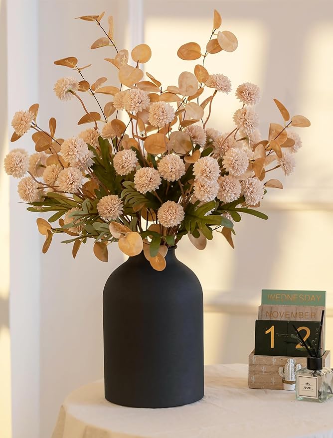 BLOSMON Dining Table Centerpiece Decor: Metal Vase with 12 Stems of Fake Mums Kiku Flower Eucalyptuses for Living Room - Beige Artificial Pom Poms Faux Floral Arrangements in Vase for Home
