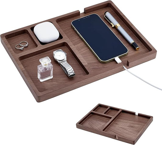 Wood Valet Tray for Men Women, Walnut Nightstand Organizer with Charging Station, Desk Drawer Organizer Tray Office Supplies, Desk Trays for Phone Watch Wallet Key Jewelry Catchall Trays