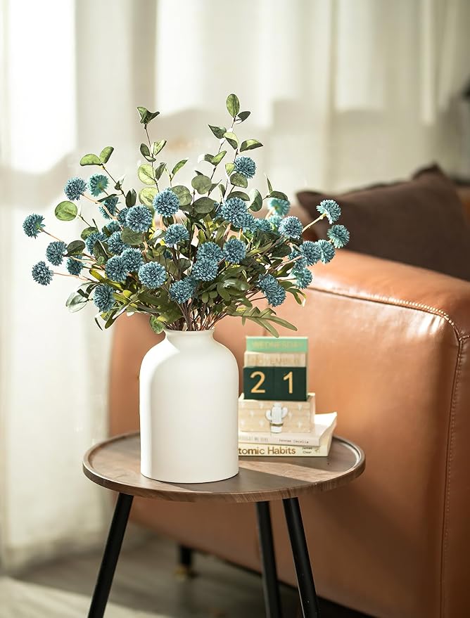 BLOSMON Blue Artificial Flowers for Decoration: Ceramic Vase with 12 Stems of Dusty Blue Flowers Fake Mums Kiku Eucalyptuses for Home Table Centerpieces - Faux Pom Poms Floral Arrangement Dining Room