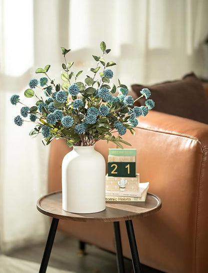 BLOSMON Blue Artificial Flowers for Decoration: Ceramic Vase with 12 Stems of Dusty Blue Flowers Fake Mums Kiku Eucalyptuses for Home Table Centerpieces - Faux Pom Poms Floral Arrangement Dining Room