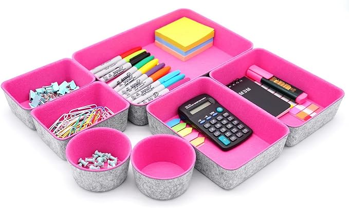 Welaxy Drawer organizers bins felt trays desk storage dividers small round organizing box for office supplies closet cabinet makeup holder 7-piece (Hot pink)