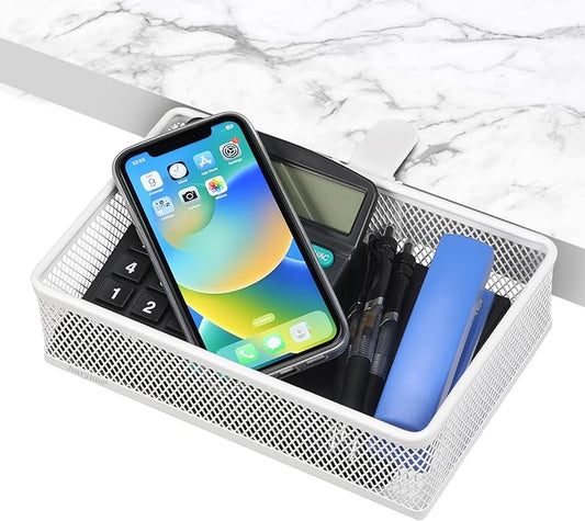 Under Desk Drawer Organizer - Clamp-On Above or Below Desk Mesh Drawer for Office Accessories, Storage Tray, and Desktop Organizer (White - Small)