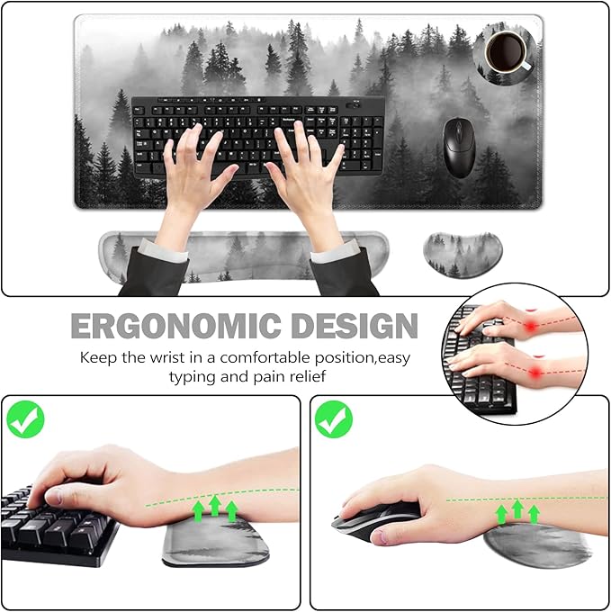 ToLuLu Extended Gaming Mouse Pad, Memory Foam Ergonomic Keyboard Mouse Wrist Rest Support Set, Large Desk Mat with Stitched Edges, Non-Slip Base Mousepad for Home Office Game Study, Tree Forests