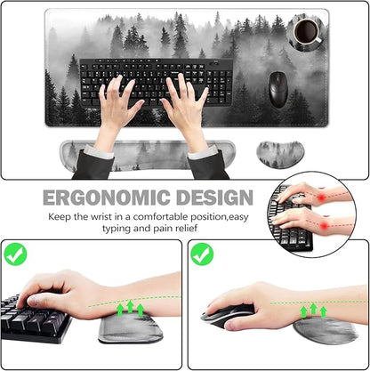 ToLuLu Extended Gaming Mouse Pad, Memory Foam Ergonomic Keyboard Mouse Wrist Rest Support Set, Large Desk Mat with Stitched Edges, Non-Slip Base Mousepad for Home Office Game Study, Tree Forests