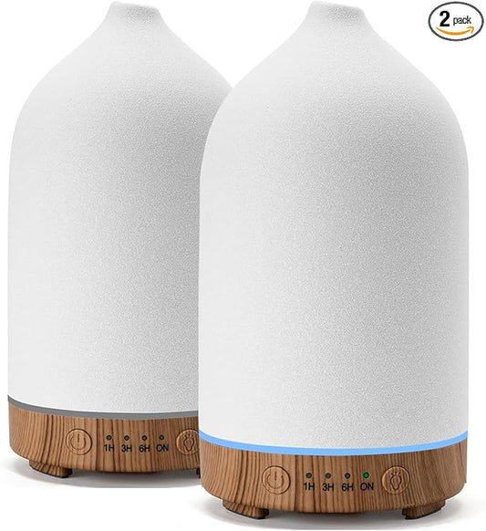 200ML Ceramic Essential Oil Diffuser (2 Pack) - Ultrasonic Aromatherapy & Humidifier with 7-Color LED Lights, Auto Shut-Off, Wood Grain Base, 1H/3H/6H Timer | Scent for Home, Office, Yoga