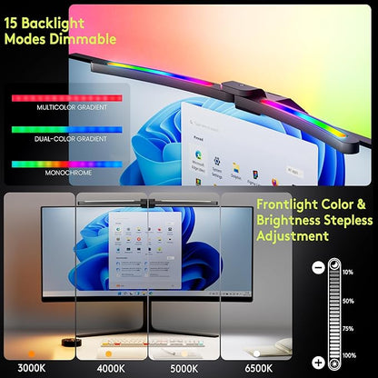 Quntis Curved Monitor Light Bar 15 RGB Backlight for 34"+ Screens, Computer Bar Lights Fold Dual Light with Color Temperature Brightness Stepless Dimming, No Glare Desk Lamp for Home Office Gaming