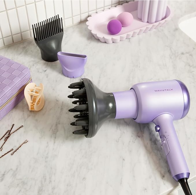Wavytalk Blow Dryer with Diffuser, Blown Away Ionic Hair Dryer for Curly Hair with Comb, 1875W Fast Drying Blow Dryer with Ceramic Technology, 3 Attachments for All Hair Types, Light and Quiet, Purple