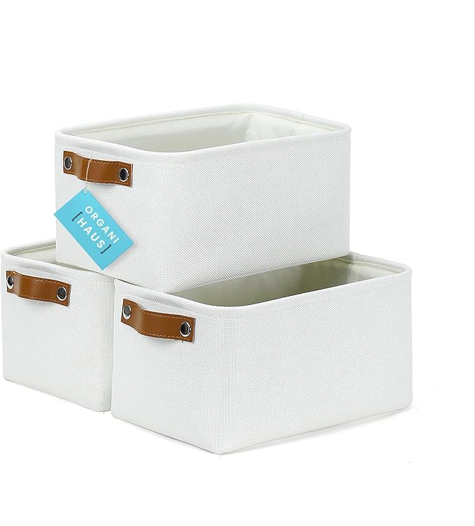 OrganiHaus Small Fabric Storage Baskets for Shelves 3 Pack, 12x08in Closet Storage Bins for Shelves, Canvas Baskets for Organizing, Linen Closet Organizers, Cloth Basket, Off-White
