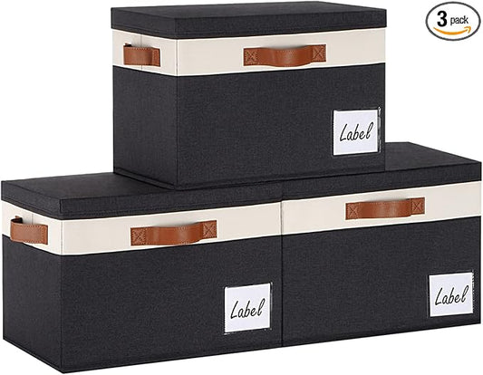 Extra Large Storage Bins with Lids, Foldable Fabric Storage Baskets with Lids, Sturdy Storage Boxes with Labels and 3 PU Handles for Closet Home Bedroom Office (32L, 3 Packs, Black&White)