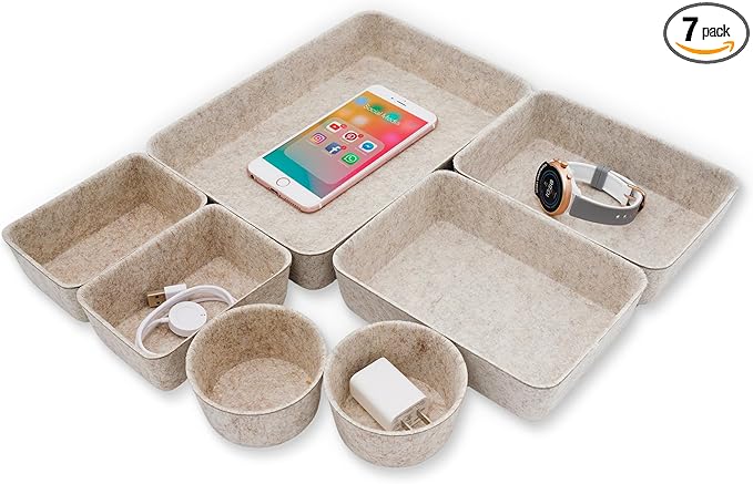 Welaxy Felt Desk Drawer Organizer Trays, 7-Piece Storage Bins for Office, Catchall, Scandinavian Minimalist Decor (Oatmeal)