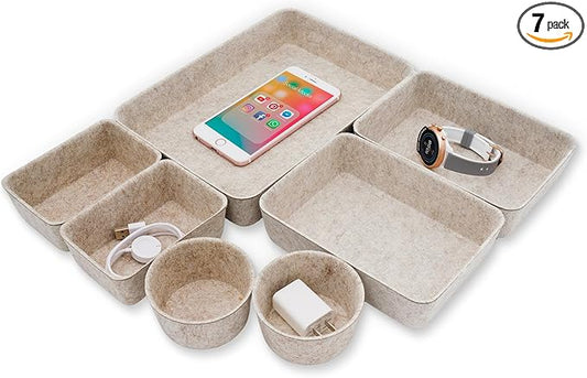 Welaxy Felt Desk Drawer Organizer Trays, 7-Piece Storage Bins for Office, Catchall, Scandinavian Minimalist Decor (Oatmeal)