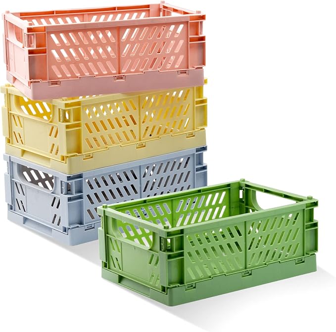 Xhwykzz 4 Pack Pastel Crates for Storage, Plastic Folding Basket, Colorful Small Storage Containers for Bedroom Office Classroom Bathroom Desktop Drawer Organizer Decor (9.8x6.5x3.8inch)